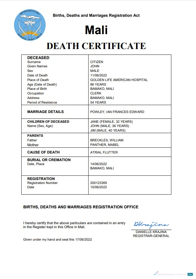 Download Mali vital record death certificate Word and PDF template Photoshop template